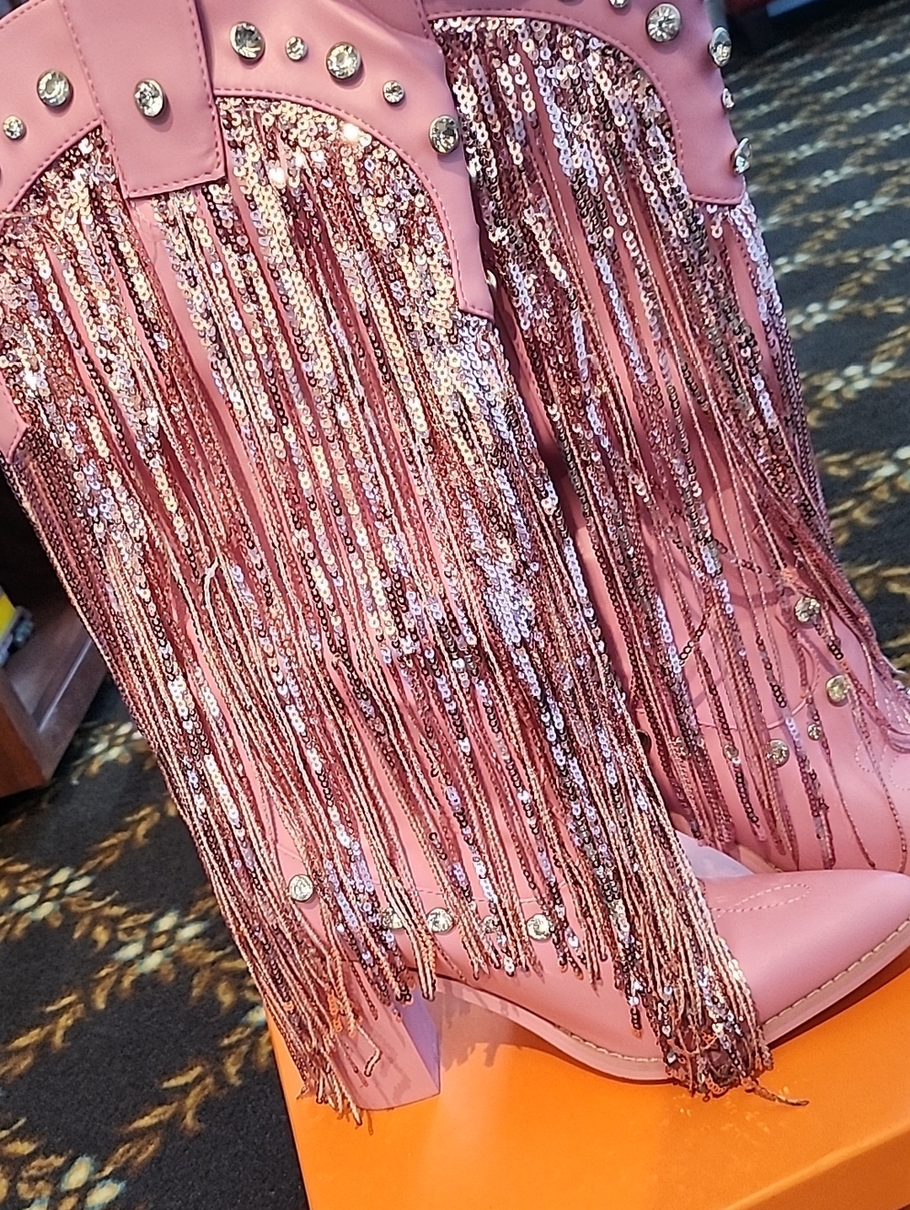 Source Unknown Pink Sequined Fringe Heeled Western Boots